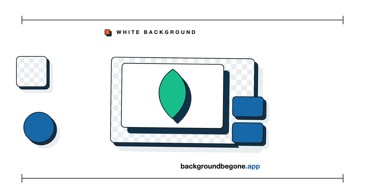 Flat illustration: a plain white swatch card laid over a panel of transparency checkerboard, under the label “White backgrounds”.