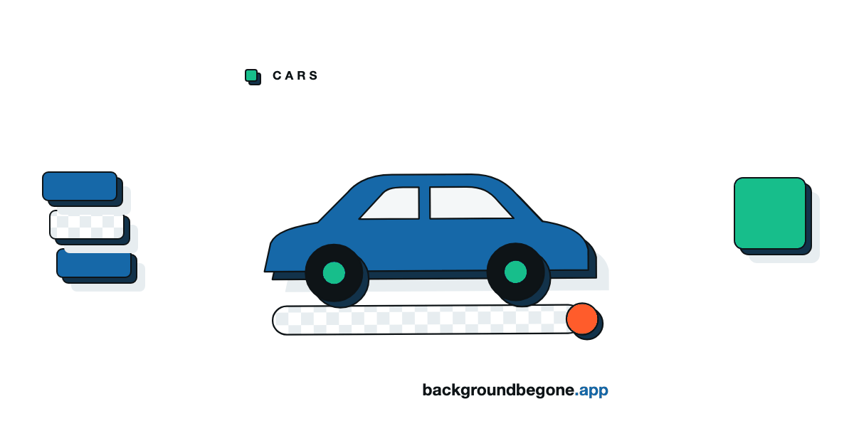 Flat illustration: a car in side view lifted off a strip of transparency checkerboard, under the label “Cars & dealerships”.