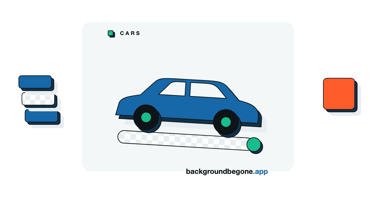 Flat illustration: a car in side view lifted off a strip of transparency checkerboard, under the label “Cars & dealerships”.
