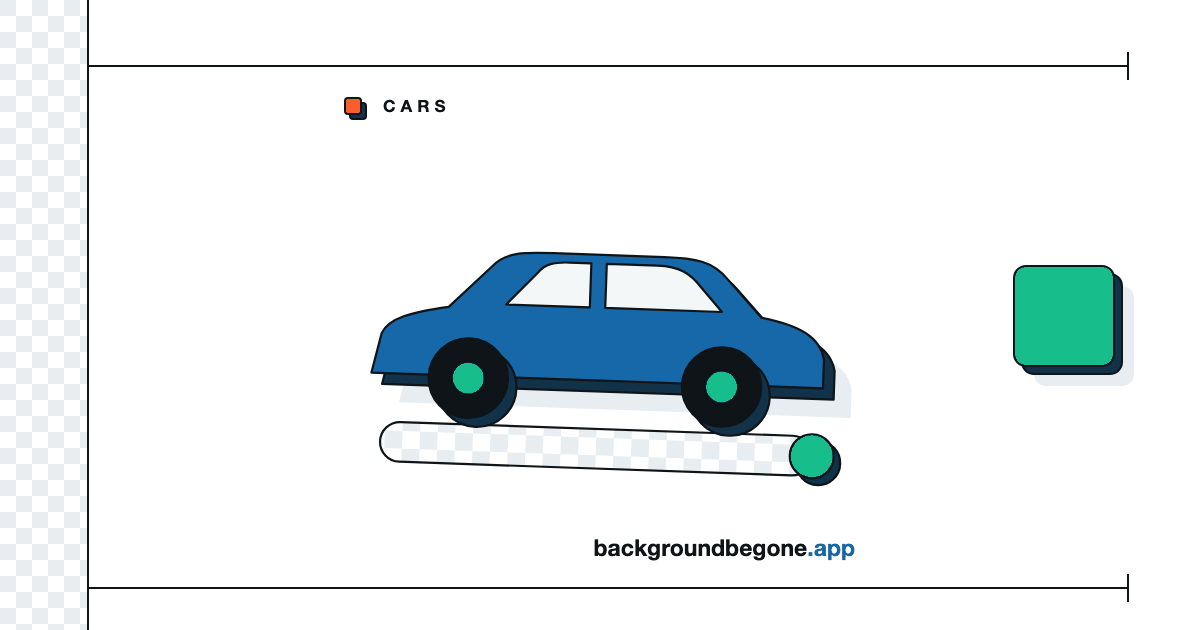 Flat illustration: a car in side view lifted off a strip of transparency checkerboard, under the label “Cars & dealerships”.