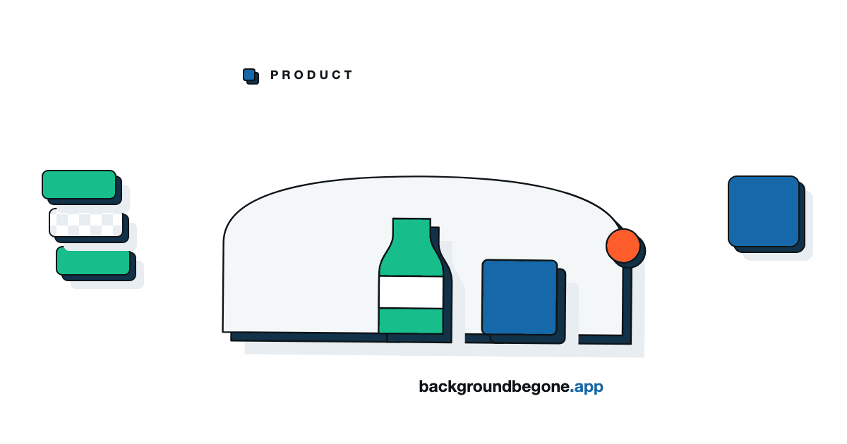 Flat illustration: a bottle and a box standing on a studio sweep, under the label “Product photography”.