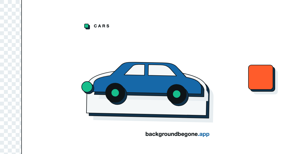 Flat illustration: a car in side view lifted off a strip of transparency checkerboard, under the label “Cars & dealerships”.
