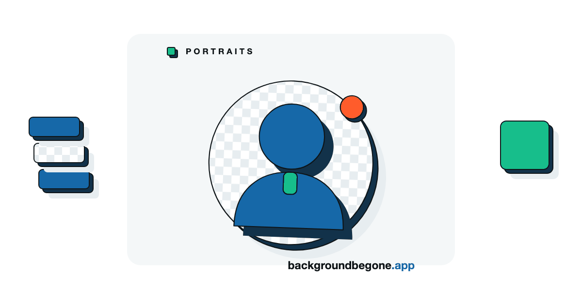Flat illustration: a person's head and shoulders lifted off a disc of transparency checkerboard, under the label “People & portraits”.