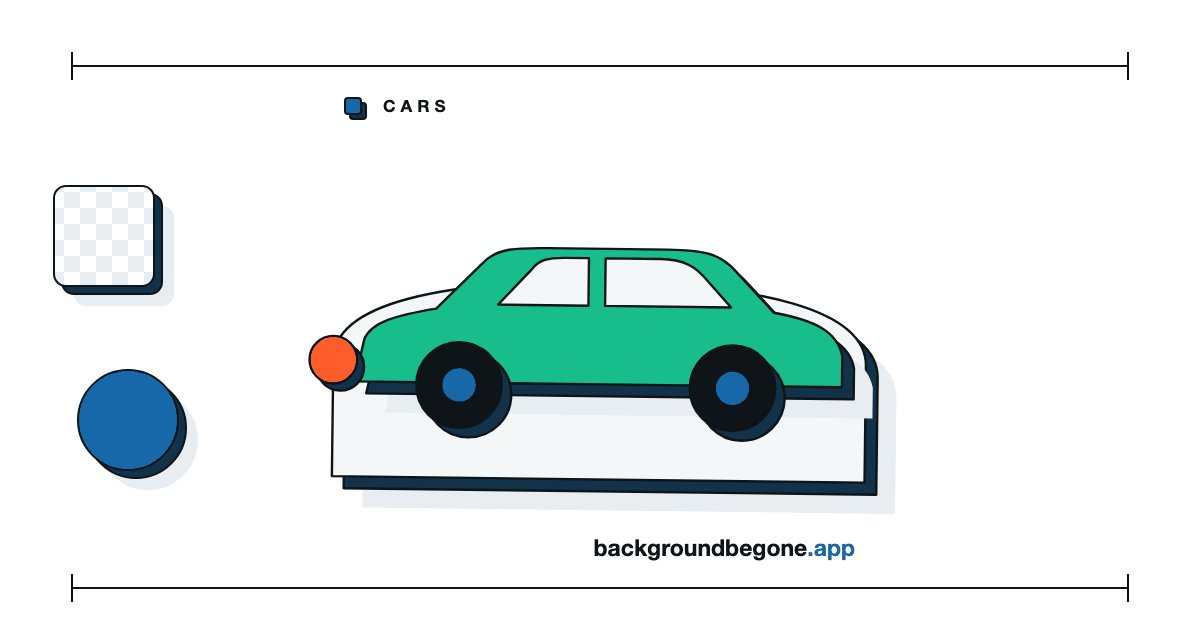 Flat illustration: a car in side view lifted off a strip of transparency checkerboard, under the label “Cars & dealerships”.