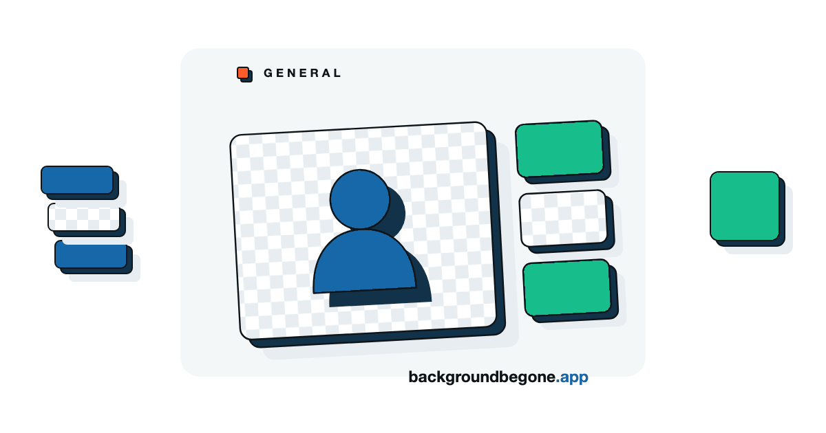 Flat illustration: a transparency checkerboard swatch with small PNG chips lifted off it, under the label “General”.