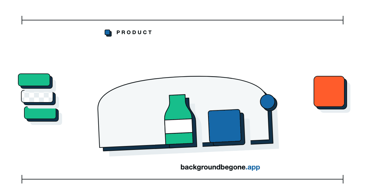 Flat illustration: a bottle and a box standing on a studio sweep, under the label “Product photography”.