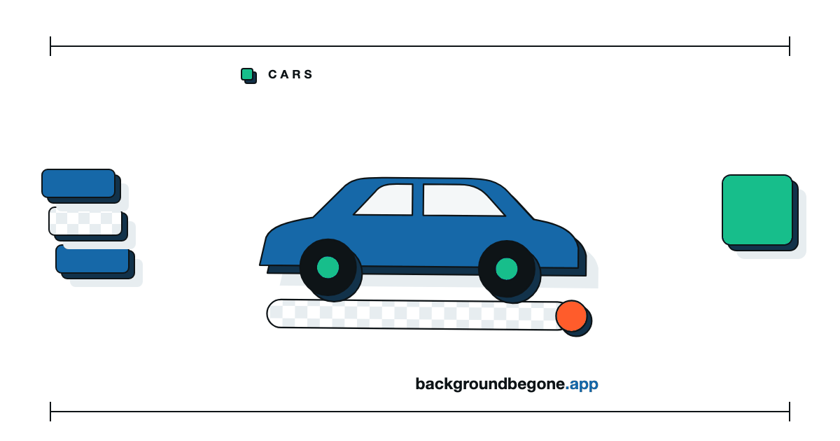 Flat illustration: a car in side view lifted off a strip of transparency checkerboard, under the label “Cars & dealerships”.