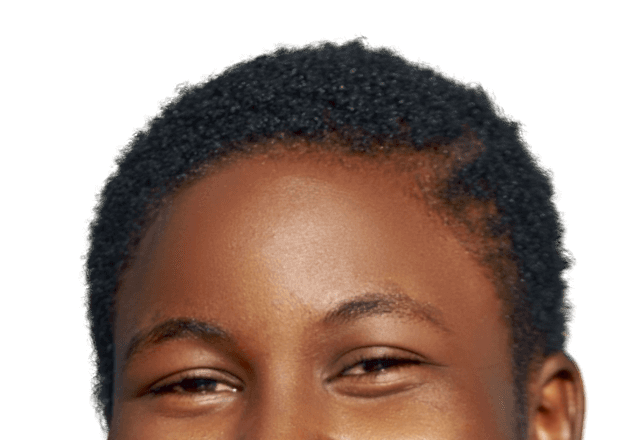 A close crop of the cut-out portrait: the textured edge of her hair against the transparency checkerboard