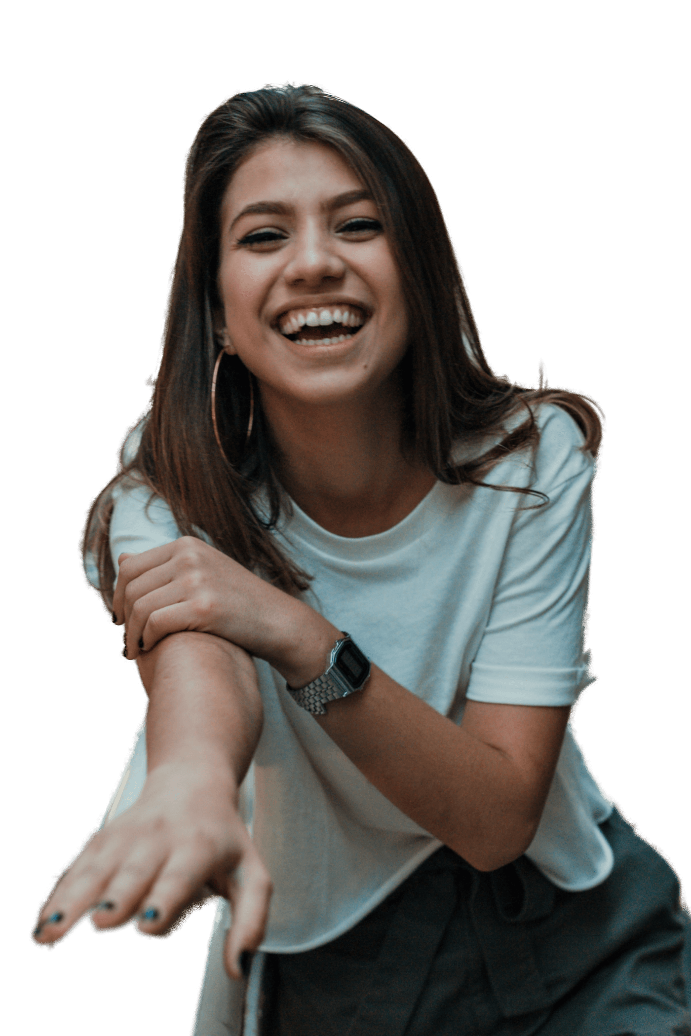 A cut-out portrait of a laughing woman, shown against a background you can change