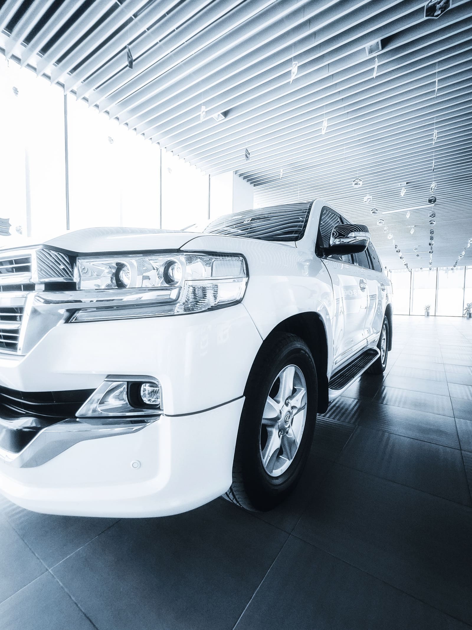 A white SUV on display inside a bright modern car dealership showroom