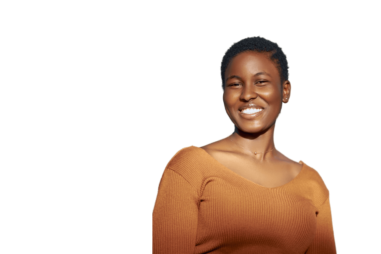 A smiling woman cut out of her original photograph, standing in front of a background that changes behind her